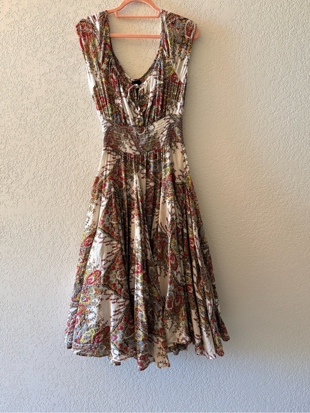 Bohoemian Paisley Print Womens Multicolor Smocked 100% Cotton Midi Dress Sz L